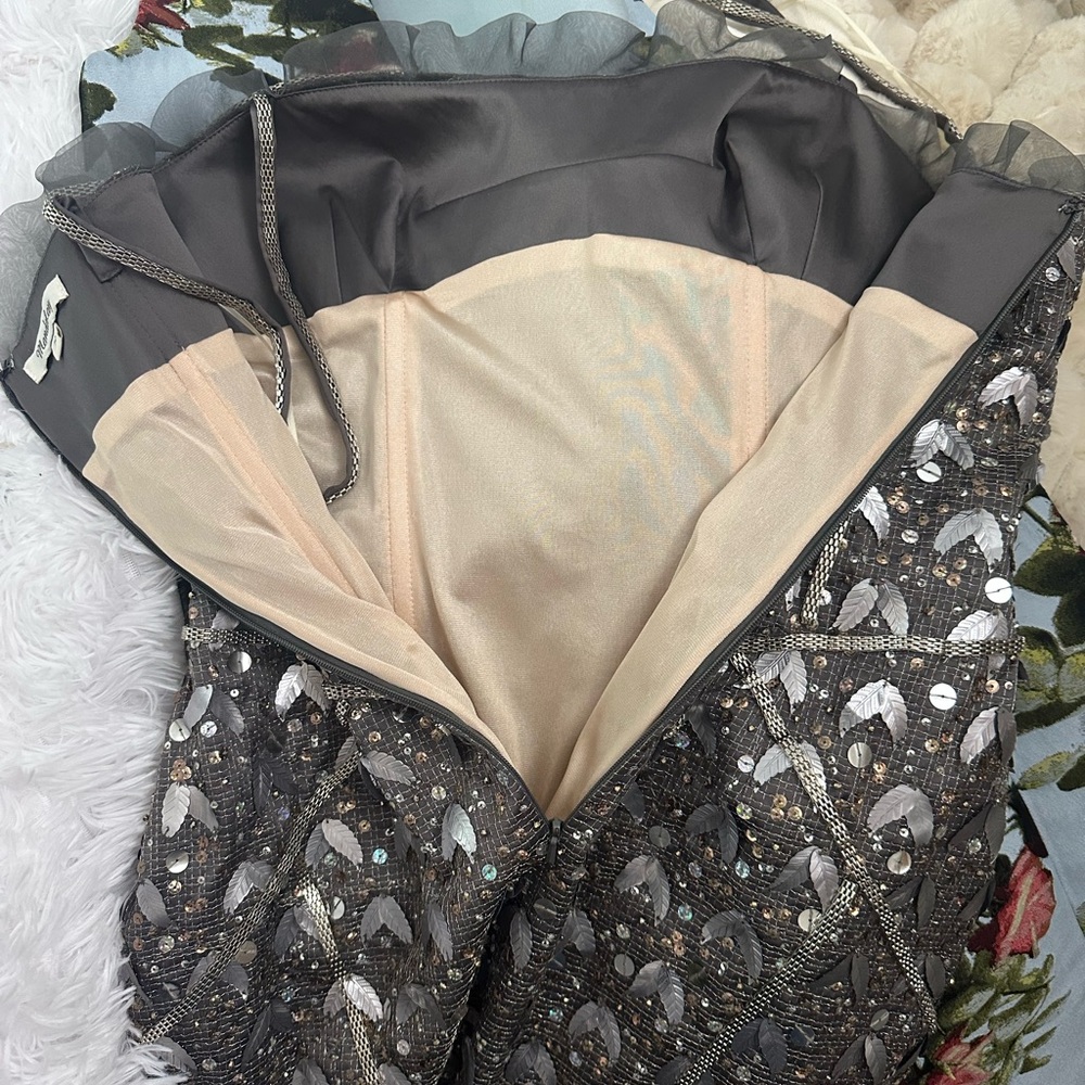 Vintage MANDALAY Gunmetal Beaded Corset Leaf Embellished Midi Dress S/M - Picture 15 of 16